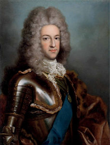 An oil portrait of the Prince James Stuart, in wig, lace, wearing shining armour, with a blue sash and rich fur cloak.