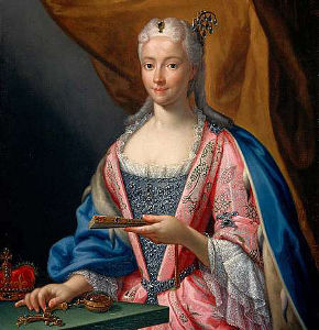 Oil painting portrait of Princess Clementina Sobieska, in powdered wig, and jewels.
